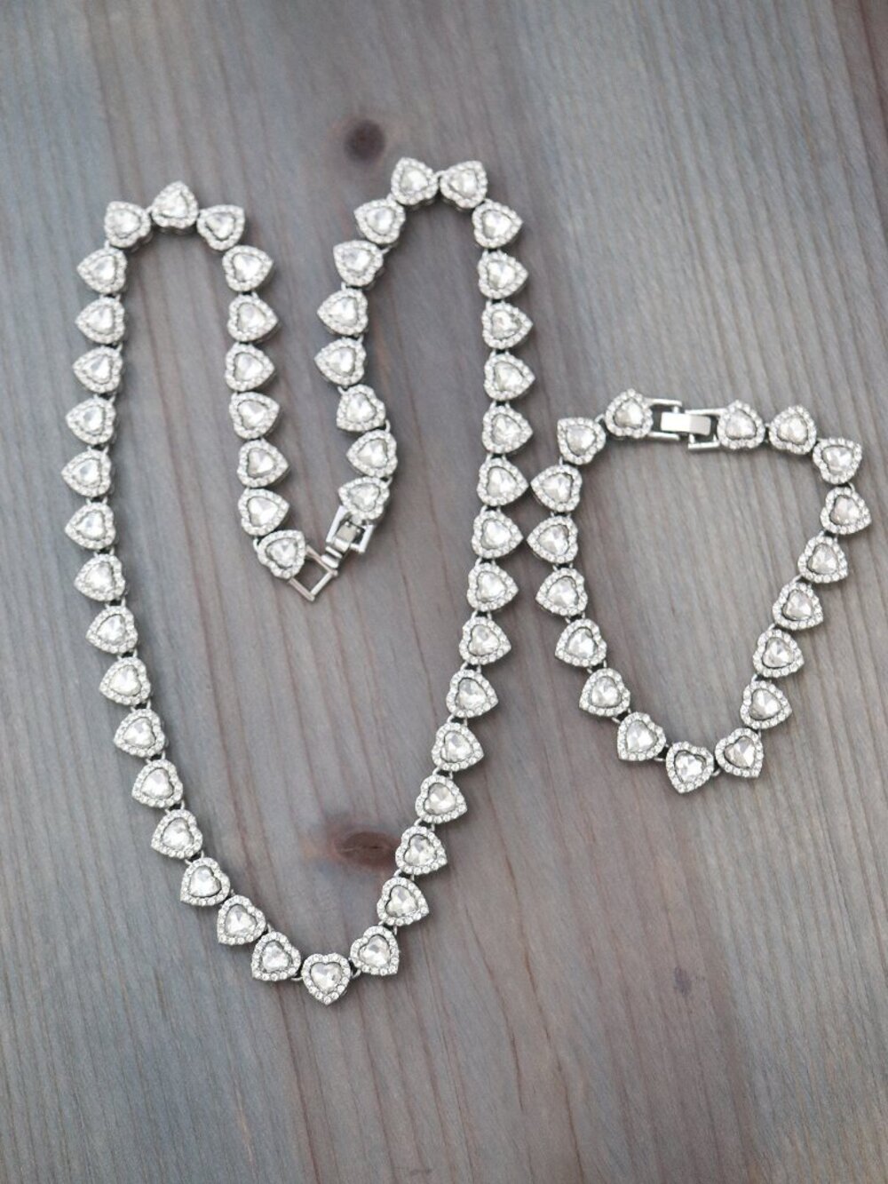 Silver Heart Crystal Necklace and Bracelet Set - White